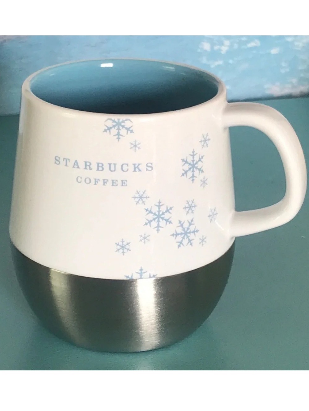 2007 Starbucks White & Light Blue Snowflake Mug with Stainless Base